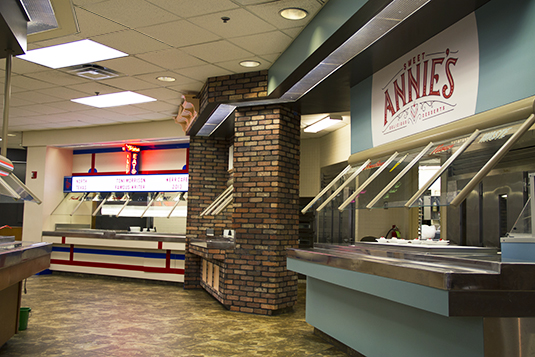 Custom facades on the serving lines that simulate key buildings in downtown.