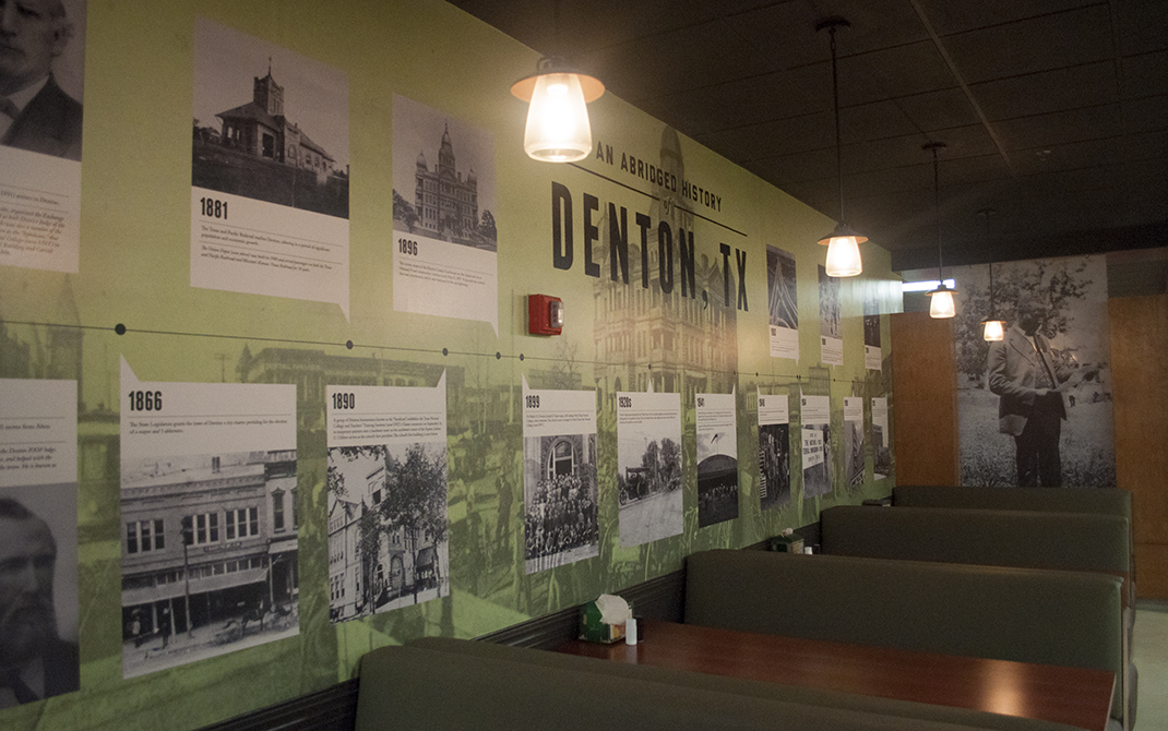 Custom wallpaper with an abridged history of Denton, TX.