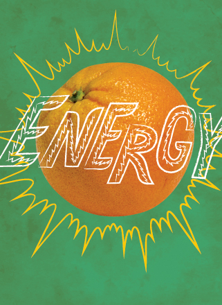 Wall graphic. Photo of an orange with the word 'energy' sketched on top.