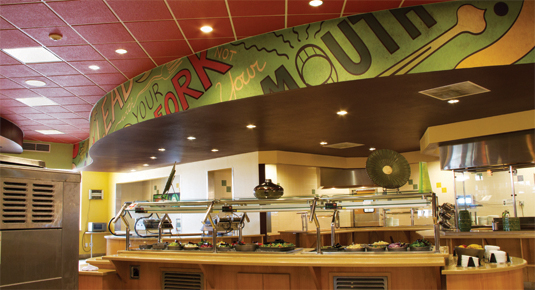 'Lead with your fork, not your mouth' graphic for salad bar overhang